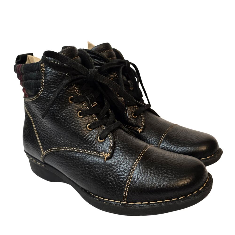 7W Ankle Boots Clarks Whistle Bea Black Leather Plaid Trim Zip Lace Up Wide